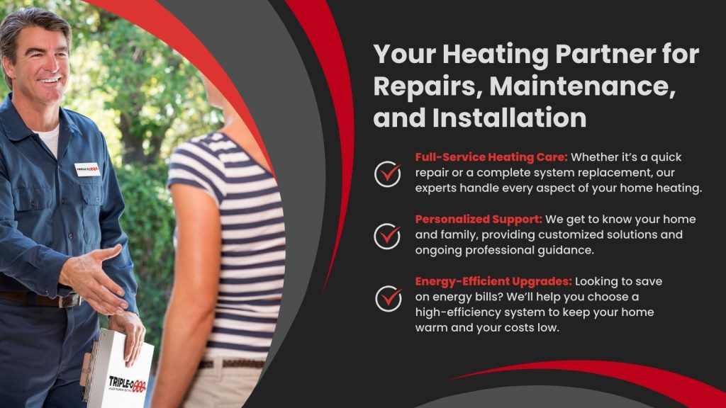 This is an image of a HVAC tech shaking hands with a customer.
The headline reads; Your heating partner for repairs, maintenance, and installation.